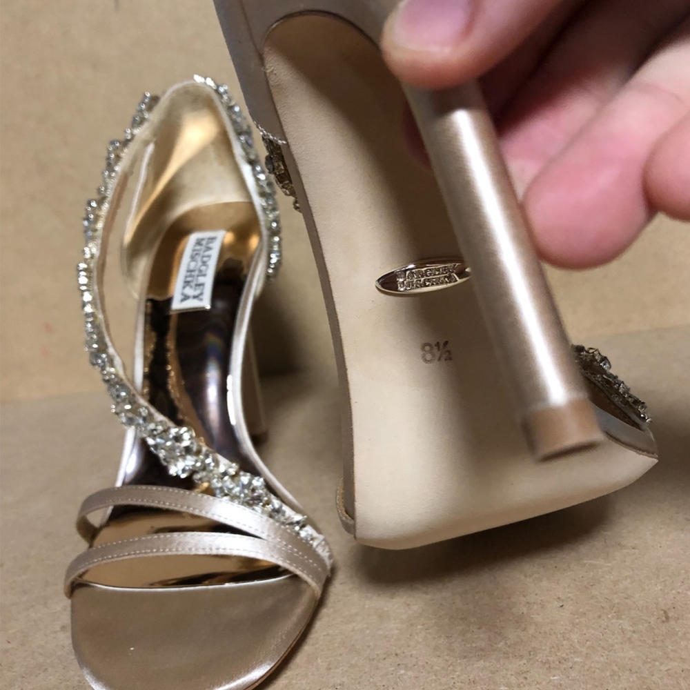 Badgley Mischka Rose Blush Satin Crystal-Strap Stilettos - Picture 6 of 8